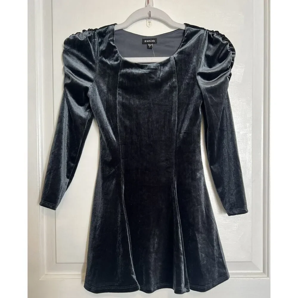 ZUNIE Kids Shirred Puff Sleeve Dress Big Girl Velvet Velour Swing Twist Gray 7
